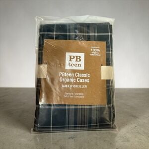 PBteen Classic Organic Cotton Standard Pillowcases Set of 2 Navy Blue Plaid NEW